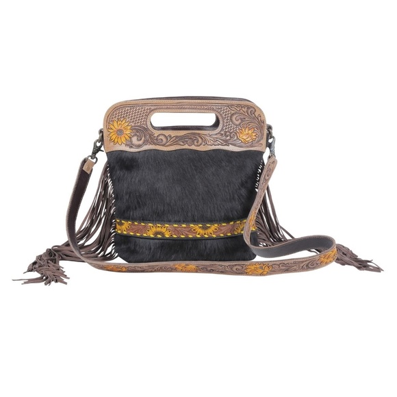 MYRA BAG BLACK VELVET COWHIDE HAND-TOOLED - Picture 5 of 9
